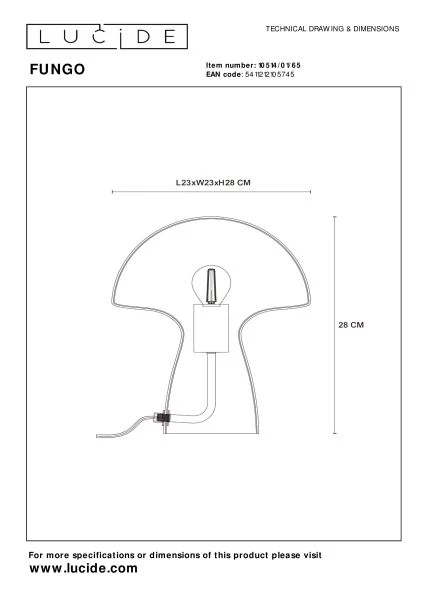 Lucide FUNGO - Table lamp - 1xE27 - Smoke Grey - technical